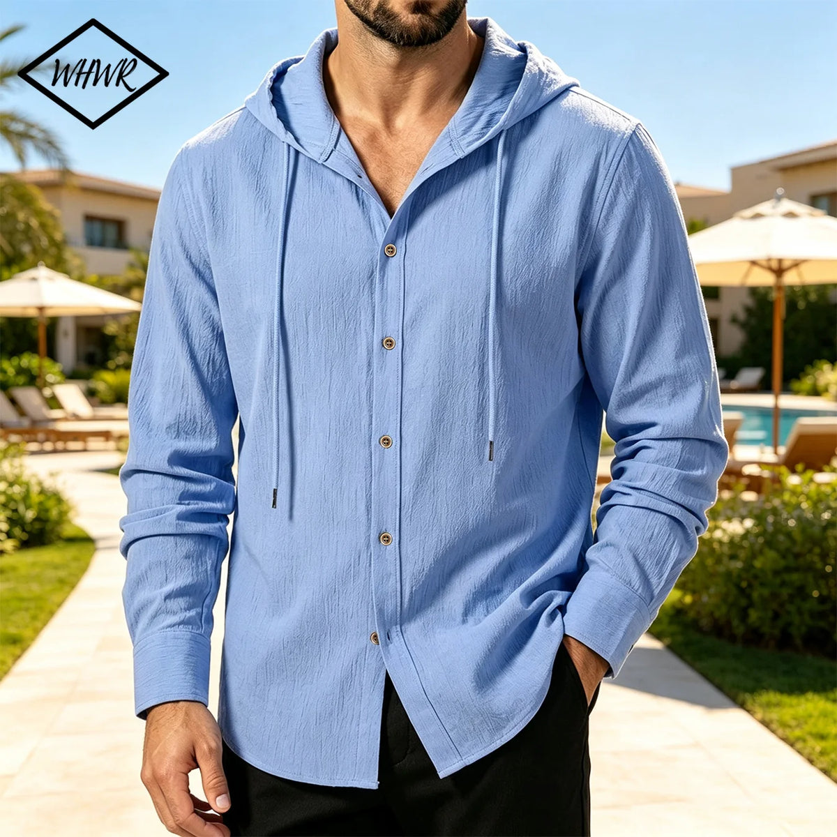 Men Hooded Button Down Shirt With Wrinkle Textured Long Sleeve Hoodie/Jacket Drawstring Hood Casual Loose Open Front Shacket