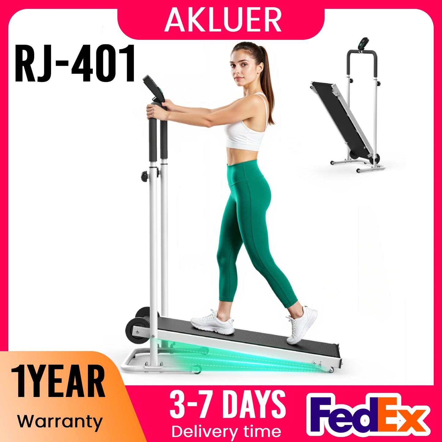 AKLUER Foldable Compact Non-Electric Treadmill/Dual Flywheel & Fixed Incline LCD Monitor, Non-Slip Belt, Soft Foam Grips for Home Gym