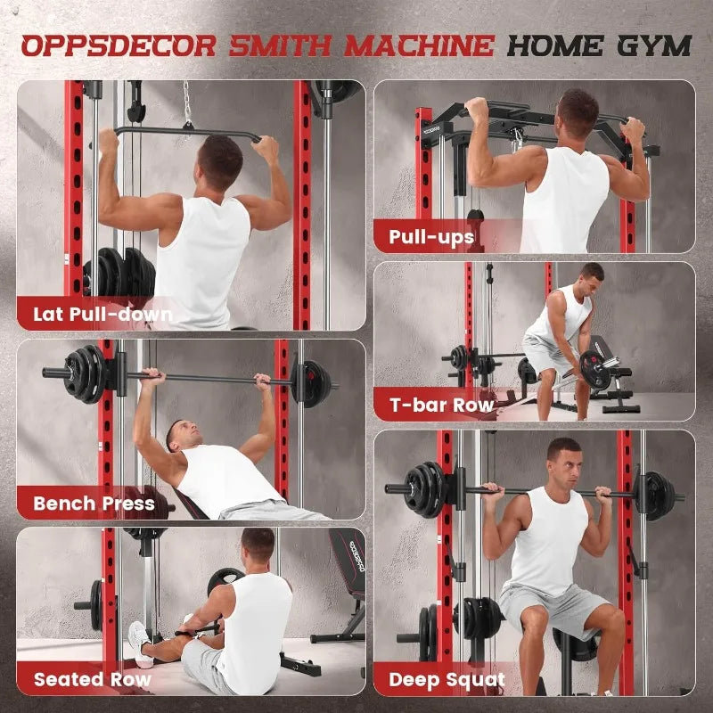 OPPSDECOR Smith Machine Power Rack for Home Gym/All-in-One Power Cage Squat Rack with LAT Pulldown Cable Machine