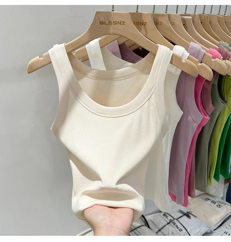 zjaiss Women Solid Round Neck Ribbed Tank Top Camisole Women/Summer Basic Elastic Tank Top O Neck Solid Tank Top