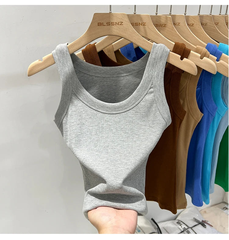 zjaiss Women Solid Round Neck Ribbed Tank Top Camisole Women/Summer Basic Elastic Tank Top O Neck Solid Tank Top