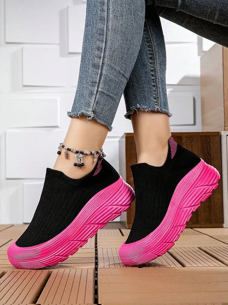 Women's Platform Sneakers Black With Pink Sole/Chunky Comfortable Slip-On Athletic Shoes