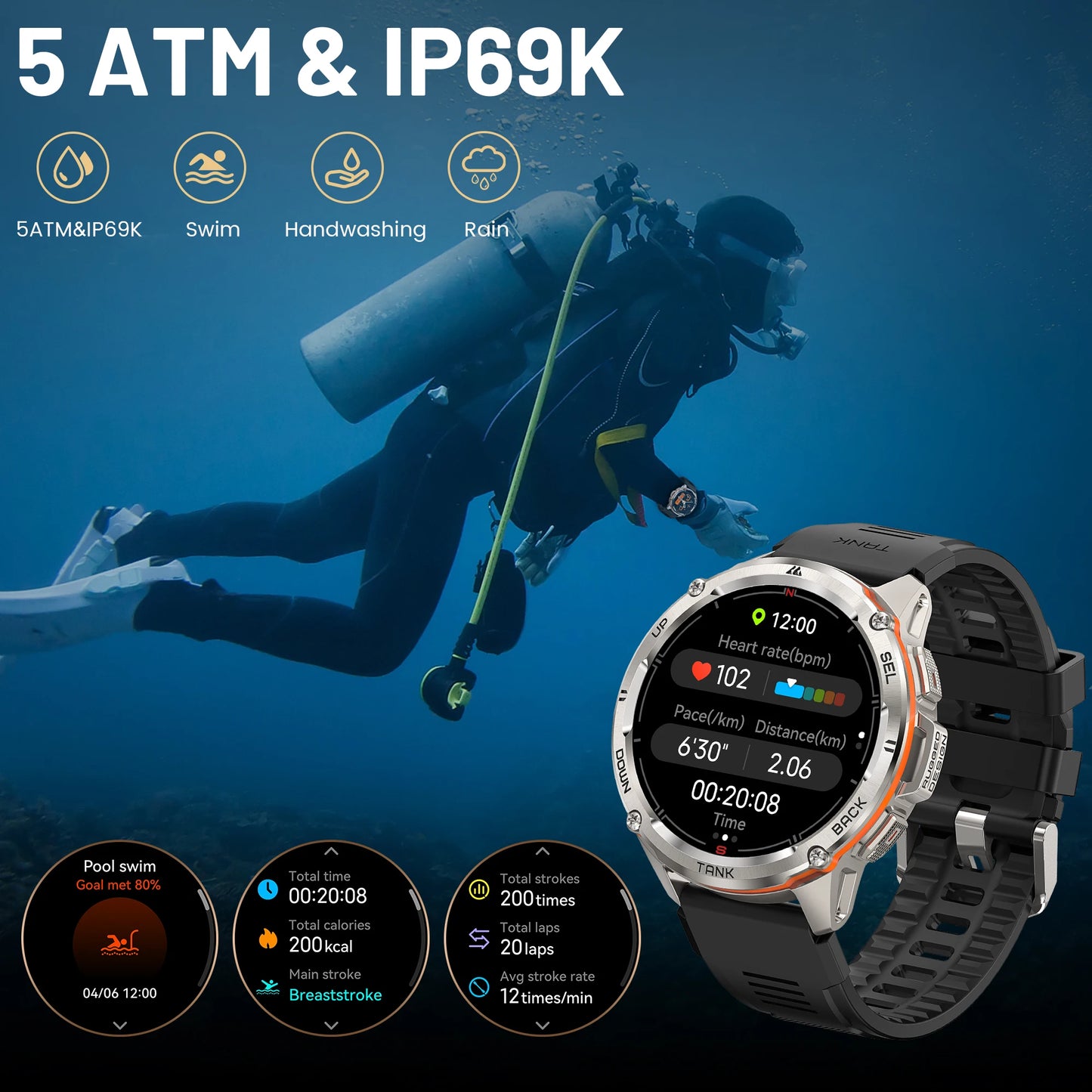 KOSPET TANK T3 Ultra GPS Smart Watch For Men Altimeter Compass/Barometric 470mAh 60 Days Battery Bluetooth Call IP69K Waterproof