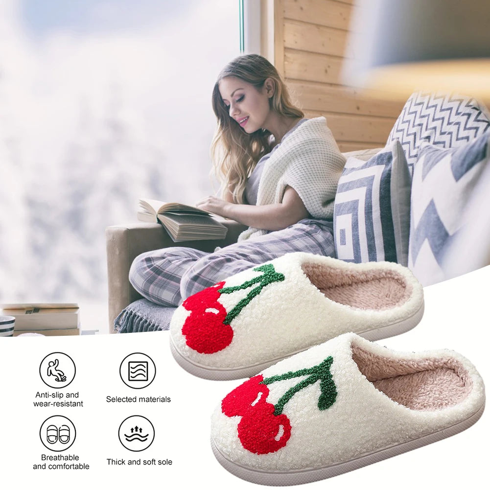 Women Casual Fluffy Slippers Non-Slip Cherry/Home Cotton Shoes Warm Cute Indoor Shoes