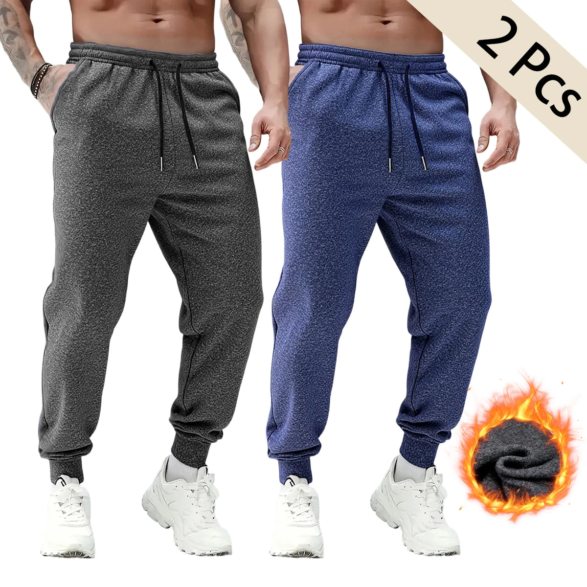 2Pcs In Set Men Fleece Lined Jogger Sweatpants Thick Warm Elastic Waist/Drawstring Tapered Pants Casual Athletic Winter Wear