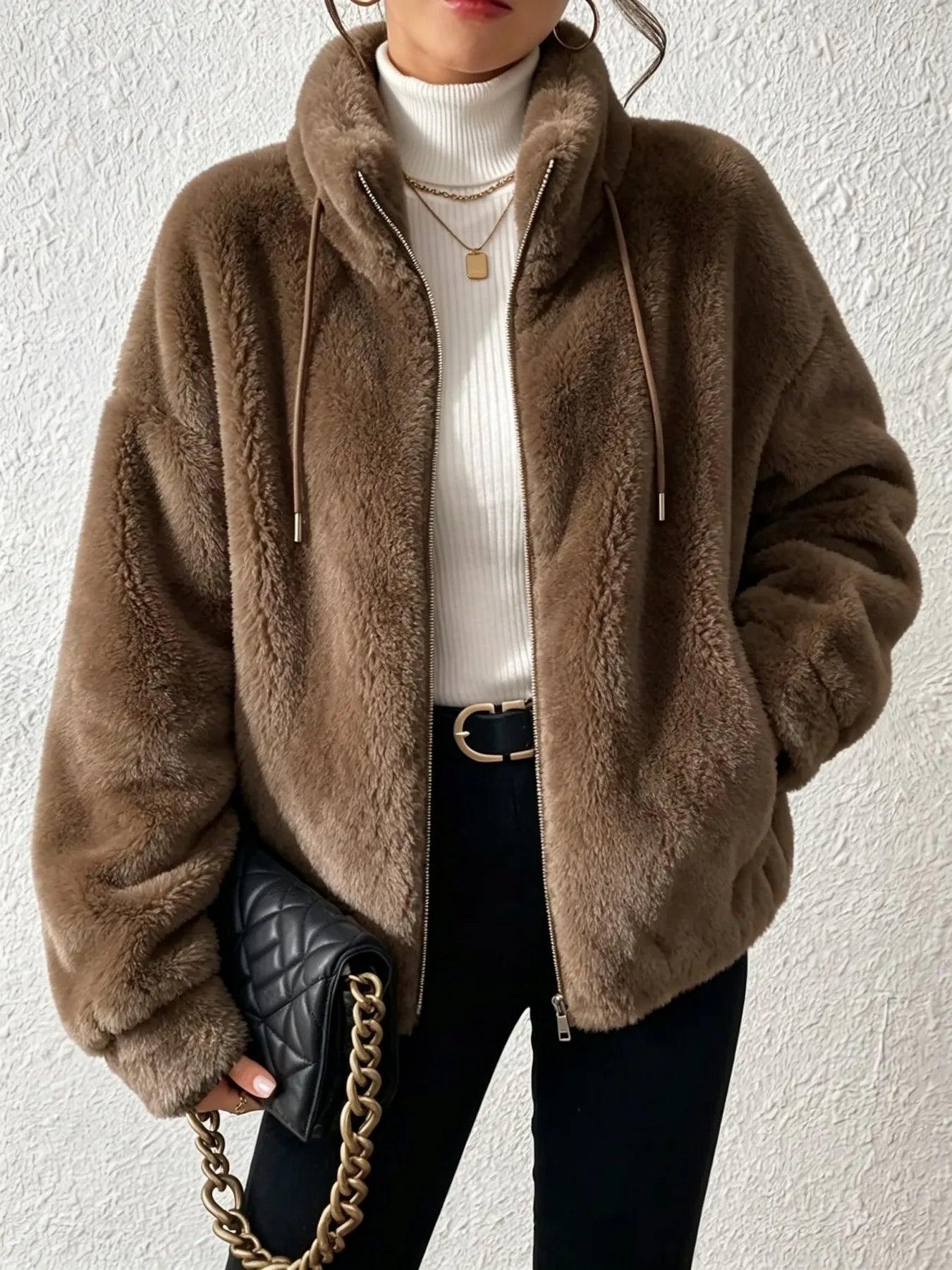 Women Fuzzy Fleece Zip Up Jacket Stand Collar Drawstring Loose/Oversized Coat Warm Plush Winter Outerwear Casual Streetwear