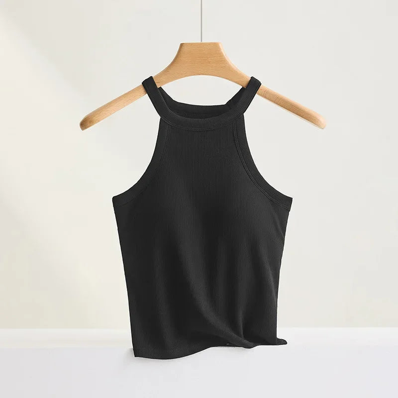 Threaded Halter Neck Camisole Top With Build-in Bra High Elastic/Slim-fitting Sling Fixed Cup Breathable Women Tank top
