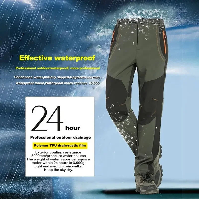 Men Fleece Hiking Pants Winter Warm Waterproof Windproof Rain Trousers/Camping Outdoor Soft Shell Thick Ski Pants