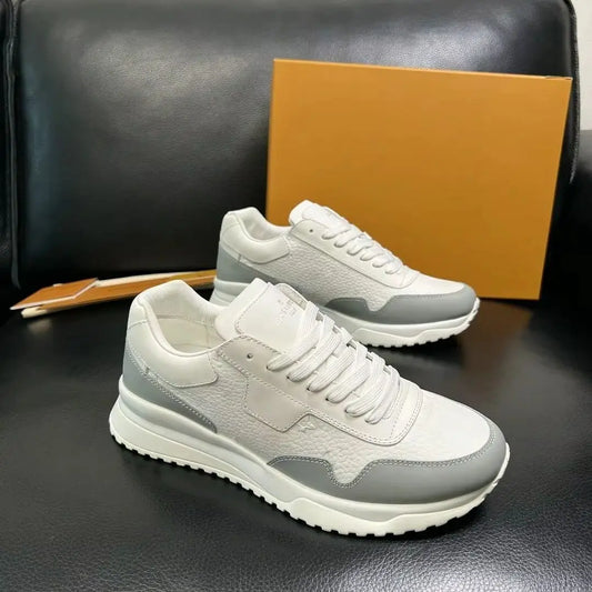 Retro Color‑Block Leather Sneakers Pebbled Grain Upper White/& Light Grey Contrast Trim Serrated Non‑Slip Thick Rubber Sole Shoes