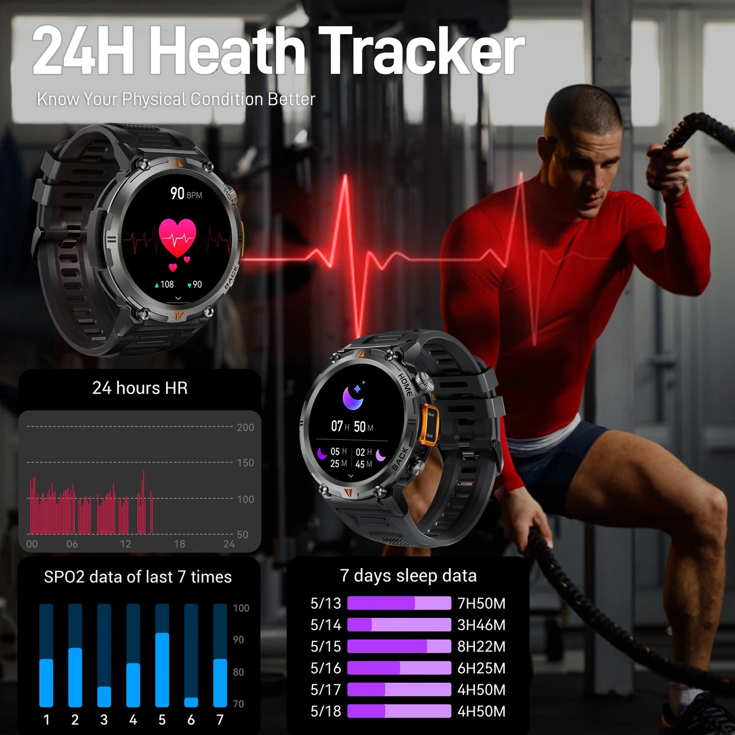 EIGIIS New KE3 Bluetooth Call Smart Watch Full Touch Screen/Health Monitor Clock With Flashlight  For IOS Android