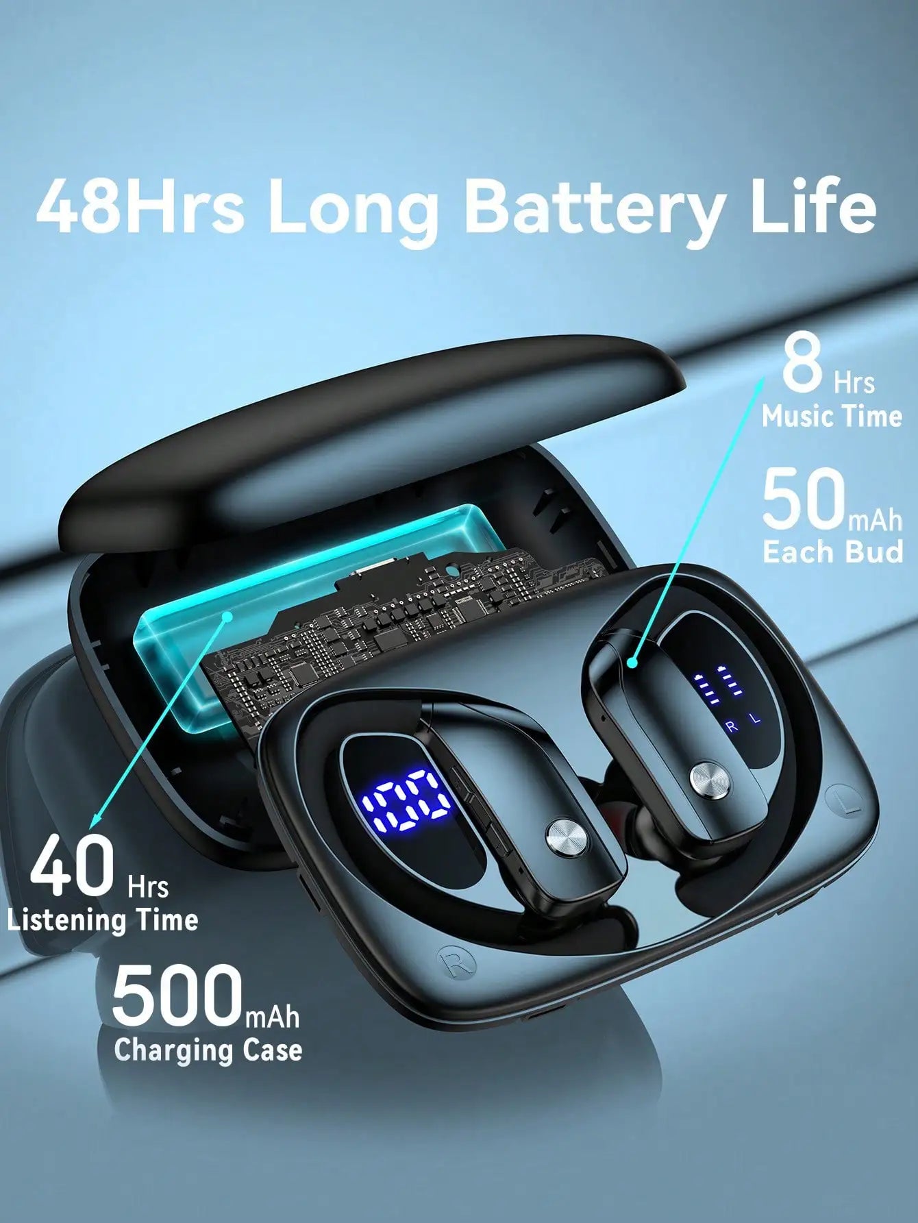 T16 Bluetooth 5.0 Ear-Hook Sports Earphones, IPX5 Waterproof ABS Earbuds/Wireless Charging Case, Dual LED Display, 48H Playtime