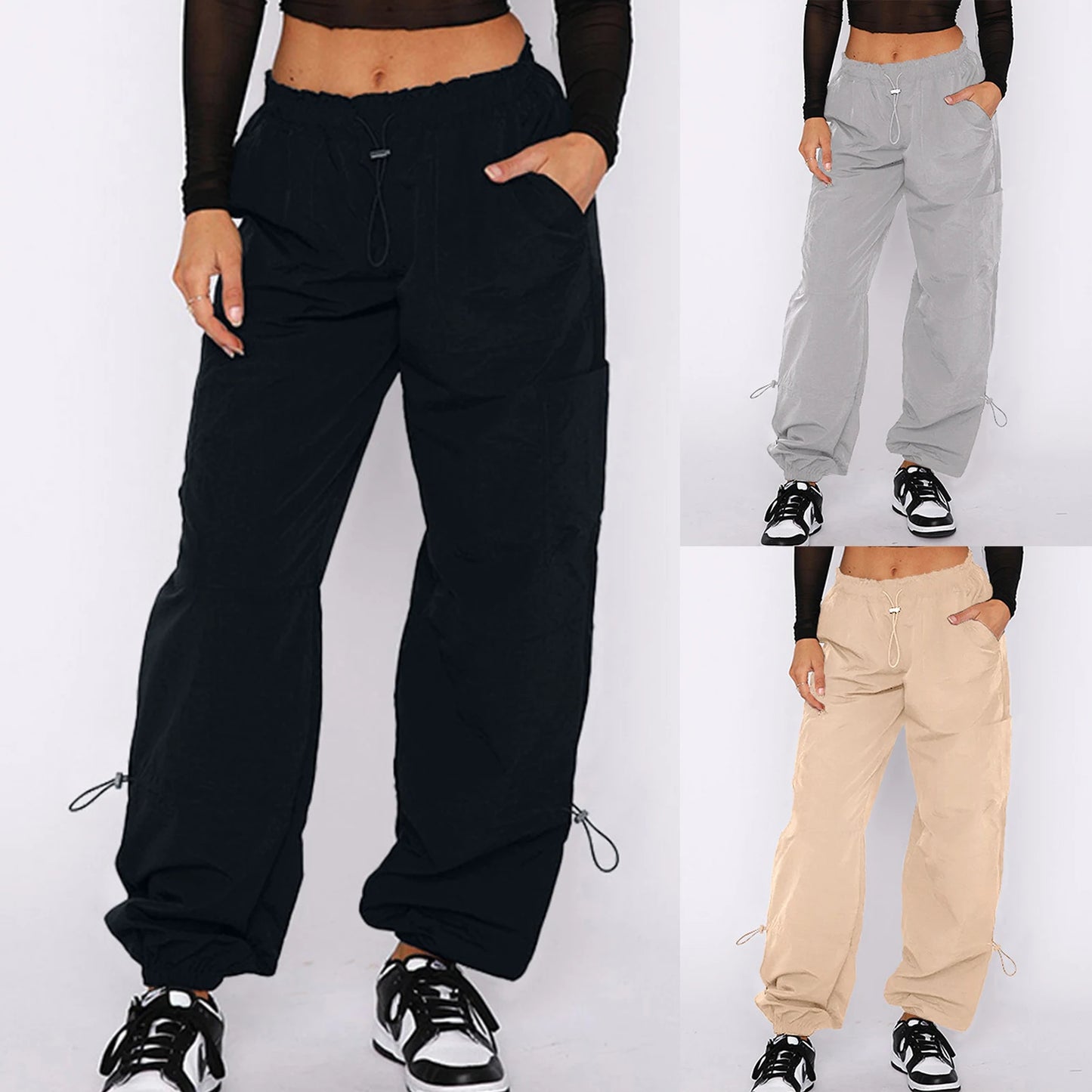 Women Casual Cargo Pants Solid Loose Drawstring/Low Waist Streetwear Baggy Sweatpants
