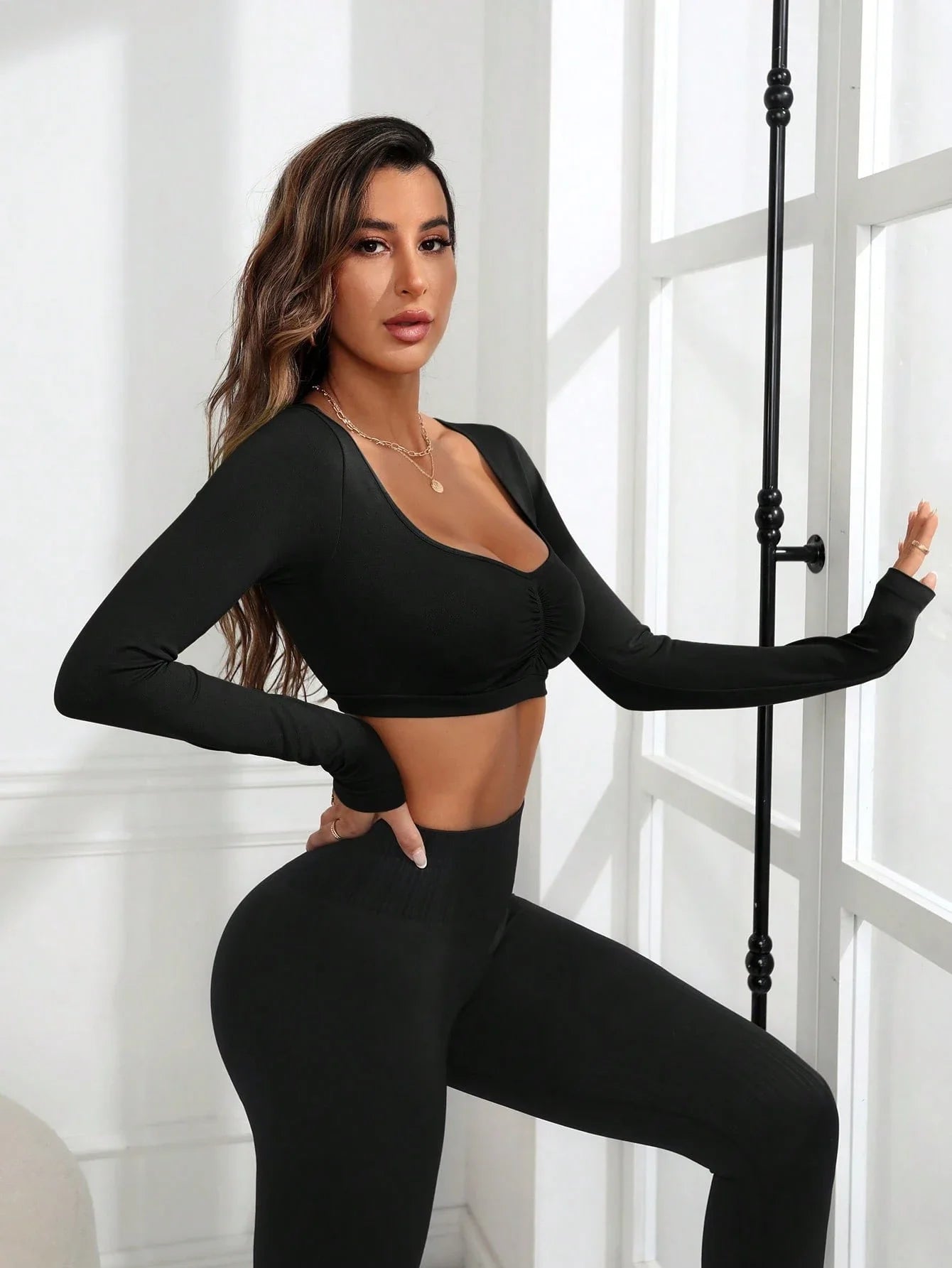 Women's Solid Black Long Sleeve Crop Top/With Rushed Detail And High Waist Leggings Set