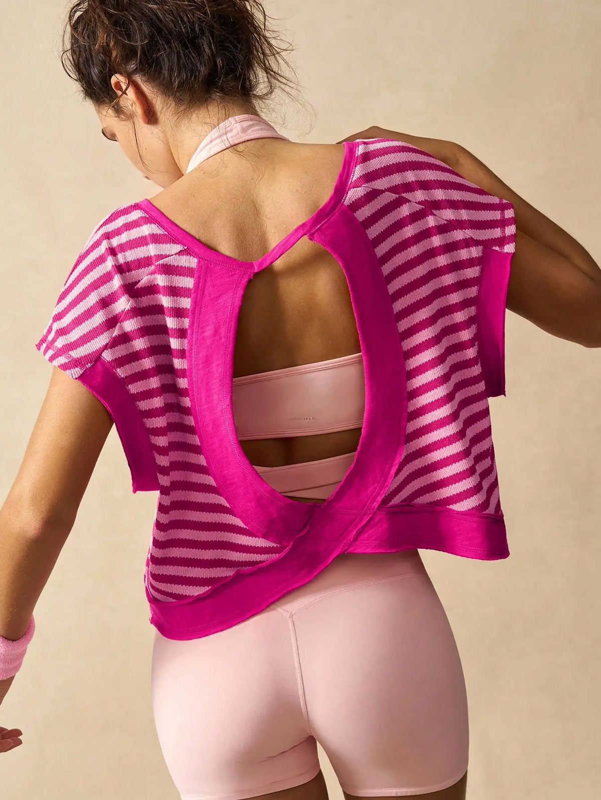 Women Striped Open Back Workout/Top Gym Crop Top Summer Active Wear Shirts
