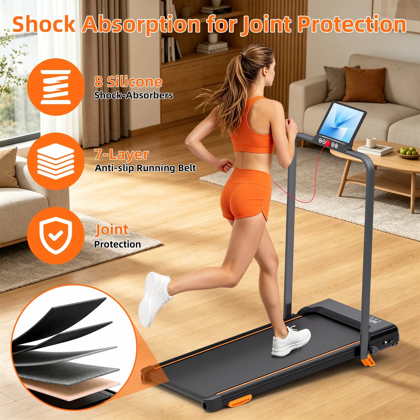 3.0HP Folding Treadmill with 12% Adjustable Incline, 14.9" x 36.4" Wide/7‑Layer Shock‑Absorbing Running Belt, 0.6‑8MPH Quiet Treadmill