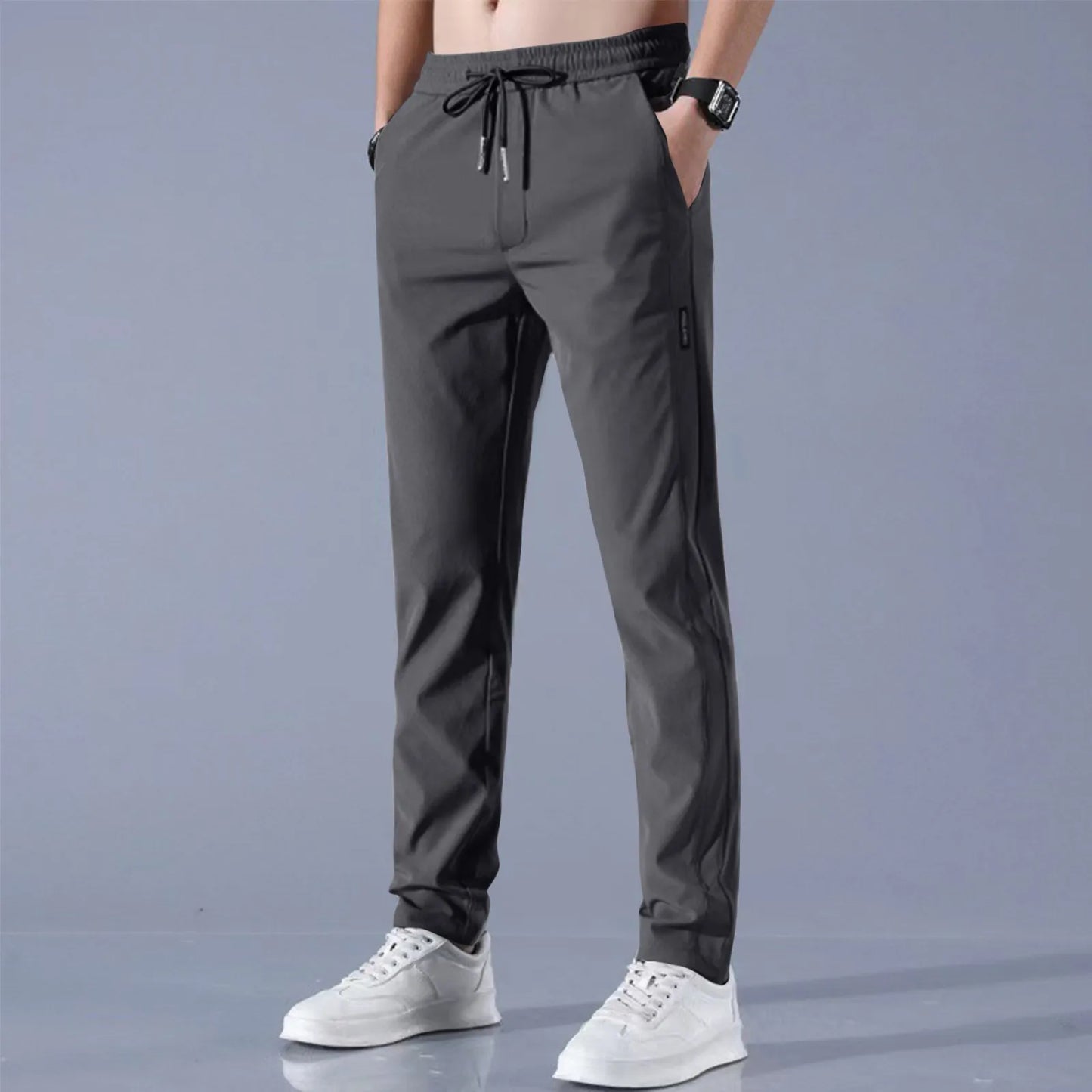 Men Fast Dry Stretch Pants Ice Silk Trousers Solid Color Mid-Waist/Loose Breathable Straight-Leg Casual Pants Thin Sports Pants