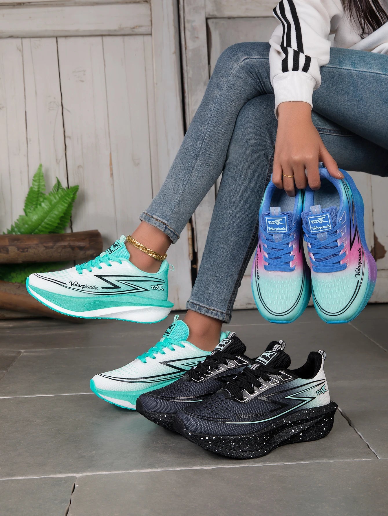 Women Gradient Lightning Print Running Sneakers Breathable/Flying Weave Mesh Light Cushion Non Slip Shock Absorb Athletic Shoes