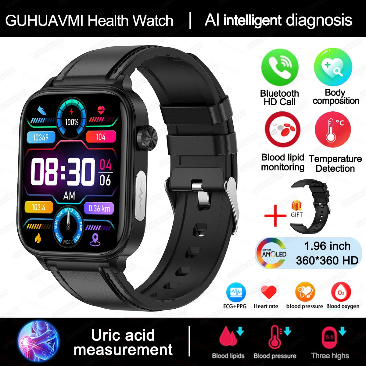 New Al Science Diagnosis Blood Lipids Uric Acid Blood Oxygen/Smart Watch Men ECG+PPG Voice Bluetooth Call Health Smartwatch