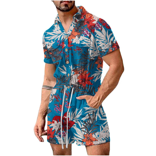 Men's Summer Casual Cotton Linen Floral Printed Short Sleeve/Turn-down Collar Romper Lace-Up One Piece Beach