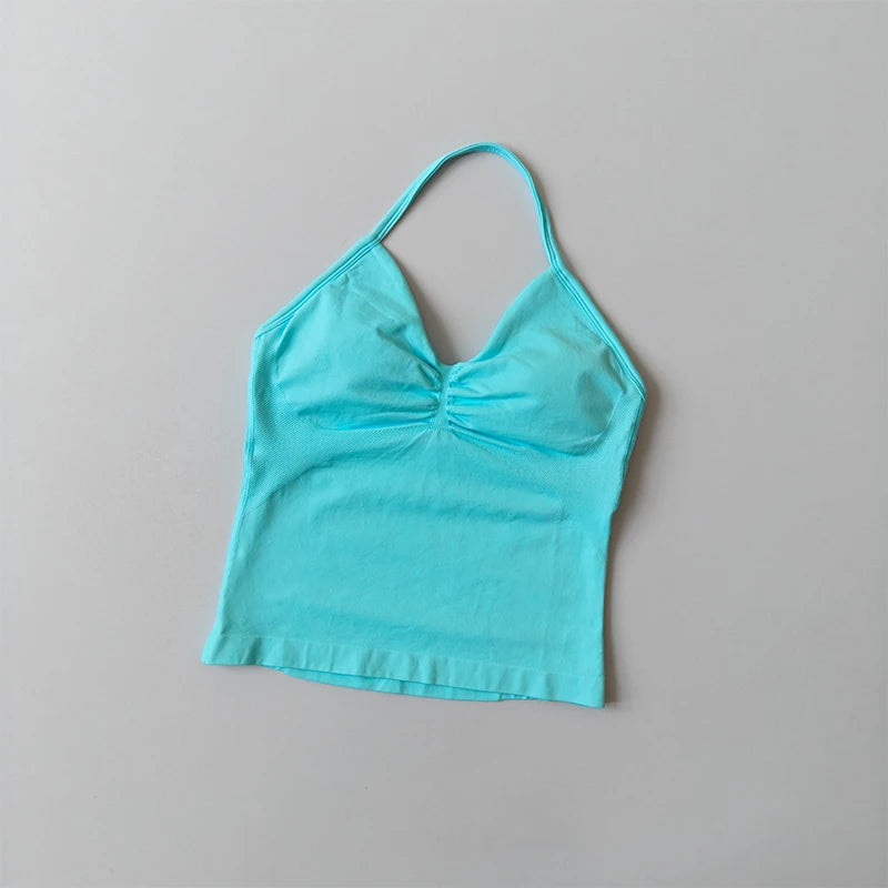 Longline Strappy Seamless Yoga Tank Top Backless/Gym Vest with Built-in Bra Sleeveless Workout Top