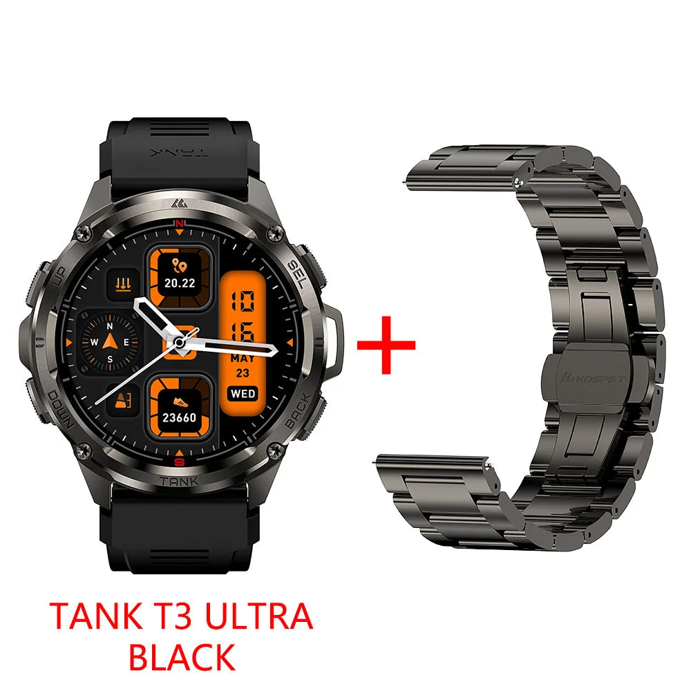 KOSPET TANK T3 Ultra GPS Smart Watch For Men Altimeter Compass/Barometric 470mAh 60 Days Battery Bluetooth Call IP69K Waterproof