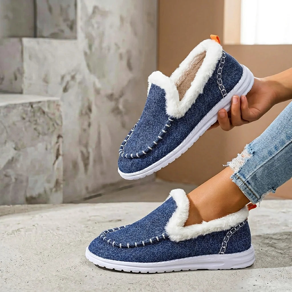 Women Winter Denim Fabric Fuzzy Fleece Lined Loafers Slip On/Warm Moccasin Shoes Non Slip Wear-resistant Soft Sole