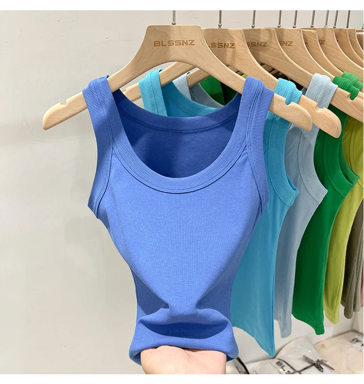 zjaiss Women Solid Round Neck Ribbed Tank Top Camisole Women/Summer Basic Elastic Tank Top O Neck Solid Tank Top