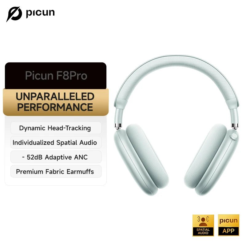 Picun F8 Pro ANC Wireless Headphones 3D Spatial Audio Head Tracking/52dB ANC HIFI Bluetooth Headset ENC HD Mic Low-Latency APP