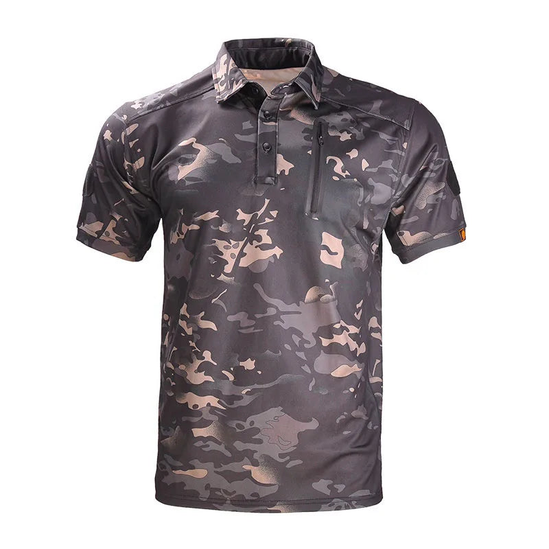 Men Camo T-Shirts Quick Dry Short Sleeve Shirt Camping Outdoor/Hiking Top Hunting Men Lapel Collar Clothing Breathable