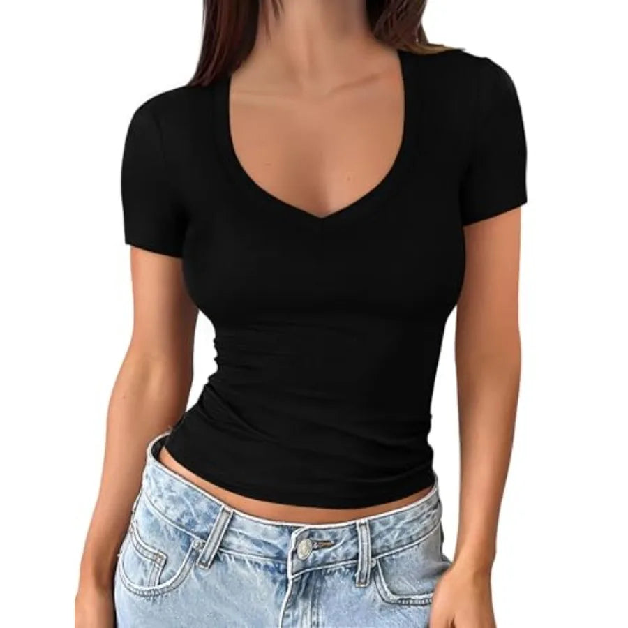 Sampeel Short Sleeve Shirts for Women V Neck Summer Ribbed T shirts/2026 Slim Fit Spring Fashion Going Out Basic Tees