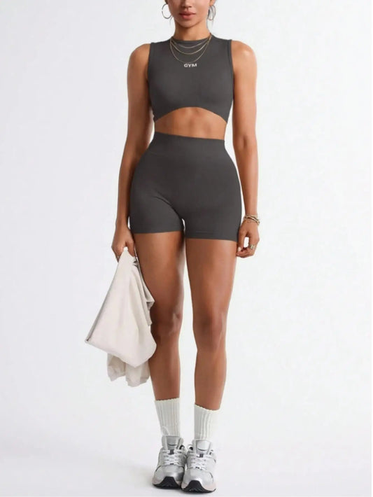 Women's 2 Piece Workout Sets Letter Print Crop Tank Top/and High Waisted Biker Shorts Gym Outfits