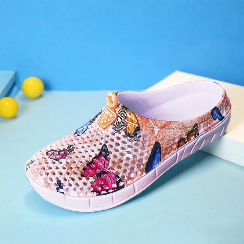 Women's Lightweight Slip-On Clog Shoes Butterfly Print Flat Bottom/Indoor Outdoor Beach Casual Sandals Comfortable Home Slippers
