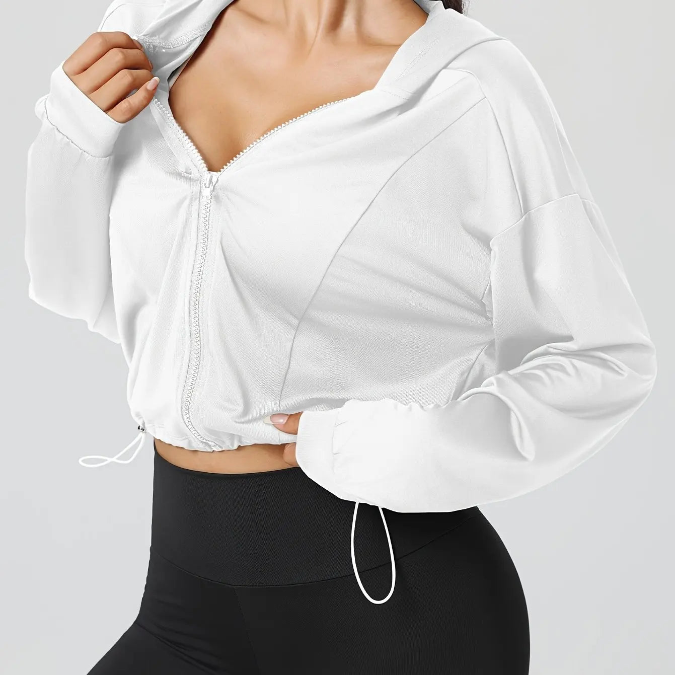 Women's High-Elasticity Short Zippered Hooded Jacket with Collar & H-Fit/All-Season Gym, Yoga  Running Coat Solid Color