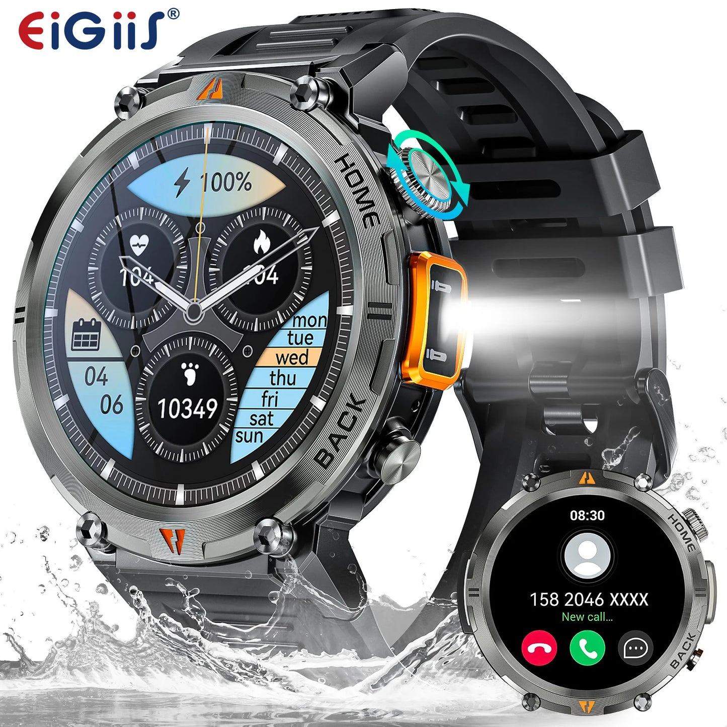 EIGIIS KE3 New Bluetooth Call smartwatch for men Full Touch Screen/With Health Monitor heart rate Flashlight Smart watch
