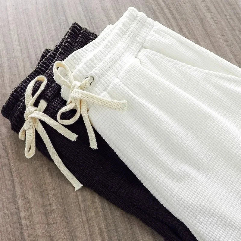 Men Shorts Solid Color Mid Waist Summer Motion Waffle Texture/Deep Crotch Drawstring Male Shorts Loose Knee Length Casual Short