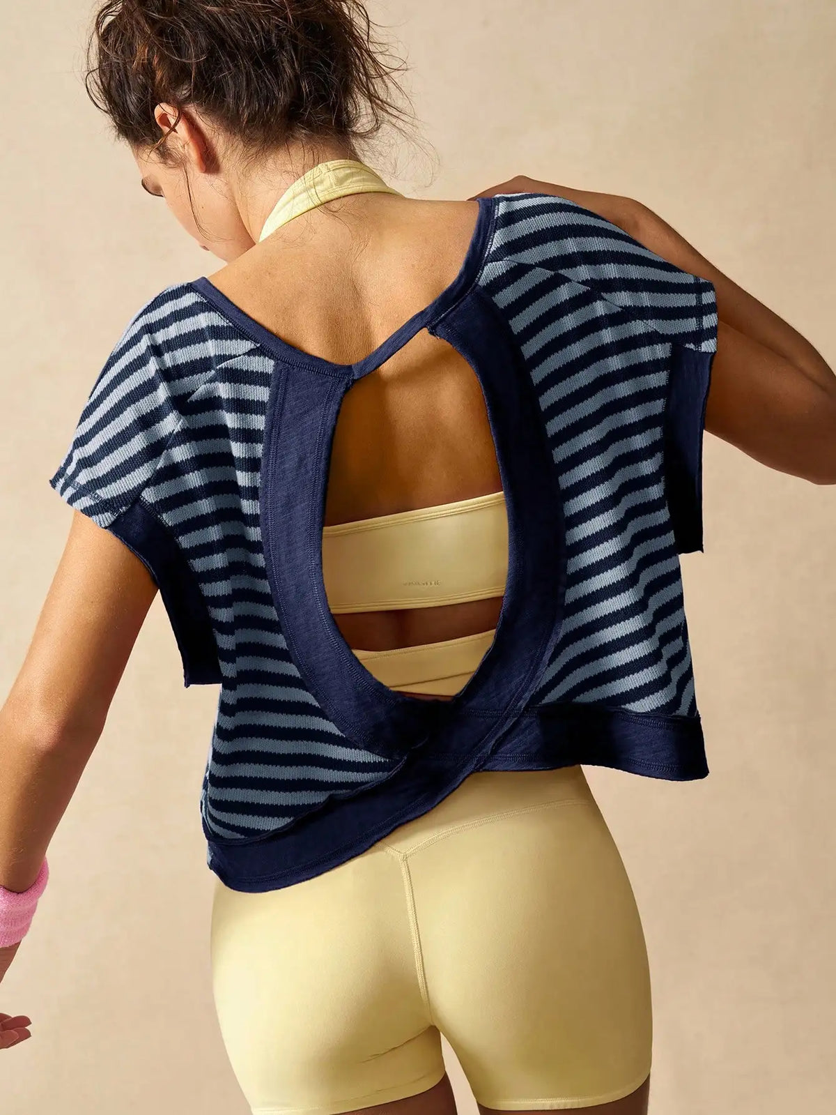 Women Striped Open Back Workout/Top Gym Crop Top Summer Active Wear Shirts