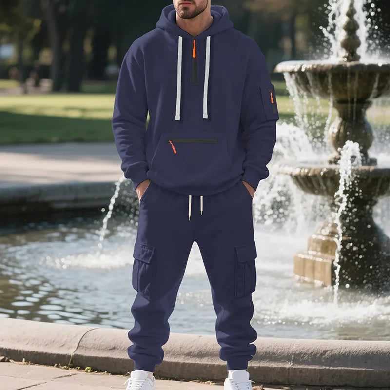Men's sports suit style autumn and winter fleece men's casual/sportswear zipper sweater multi-pocket work pants suit