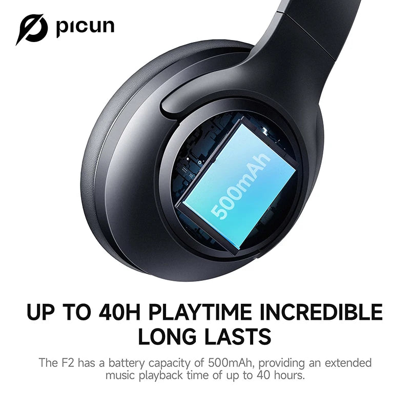 Picun F2 ANC Bluetooth Headphones Noise Canceling HD Mic/ENC Calls 25ms Low Latency Wireless Headset HIFI Sound