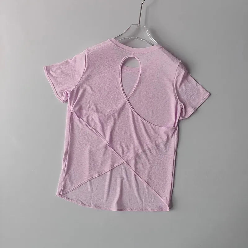 Women's Tight Sports T-shirt Quick Dry Short Sleeve Yoga T-shirt/Pilates Fitting Fitness Back Hollow Out Running crop top women