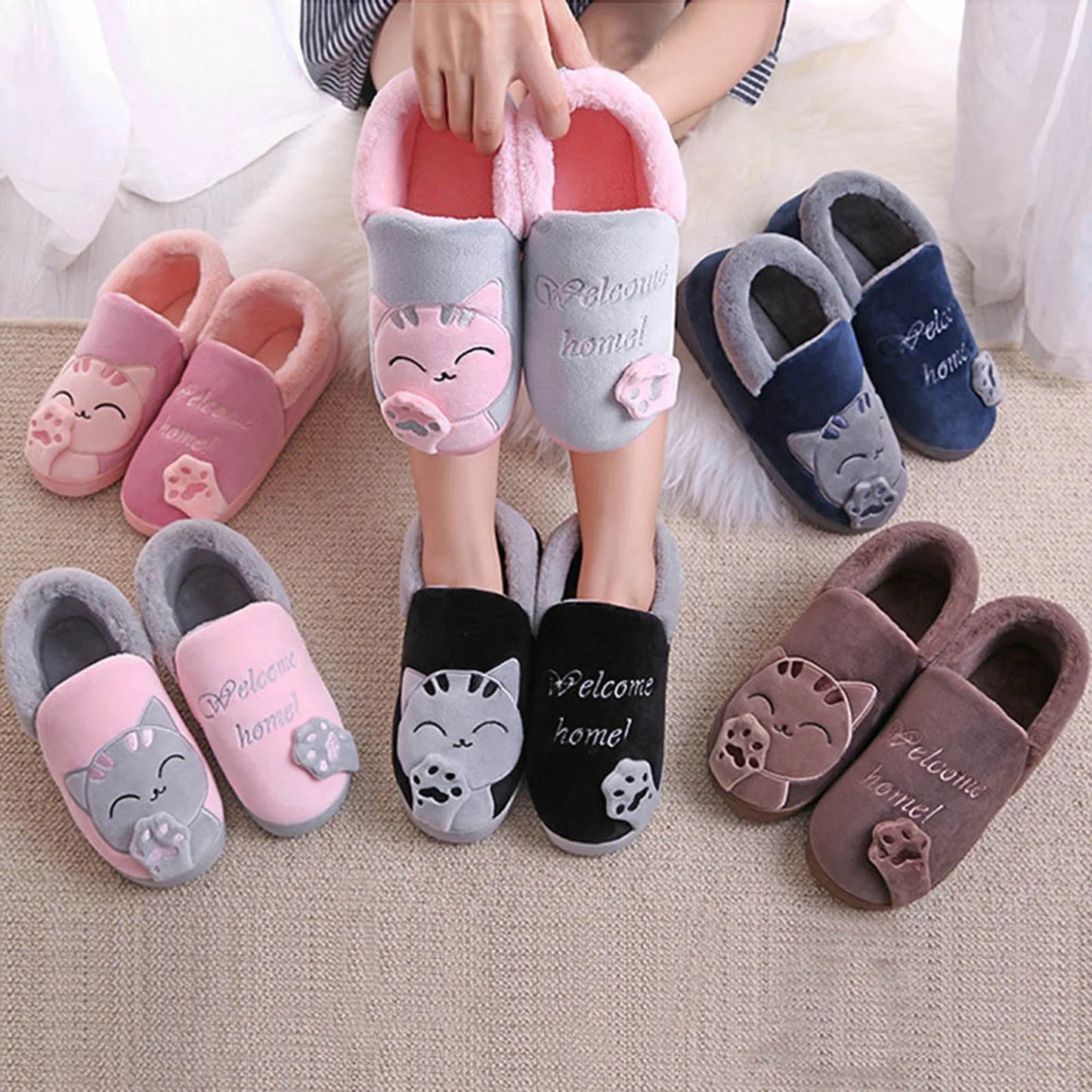 Men Shoes Cotton Slippers Fashion Cartoon Cat/Home Indoor Couple Winter Warm Shoes