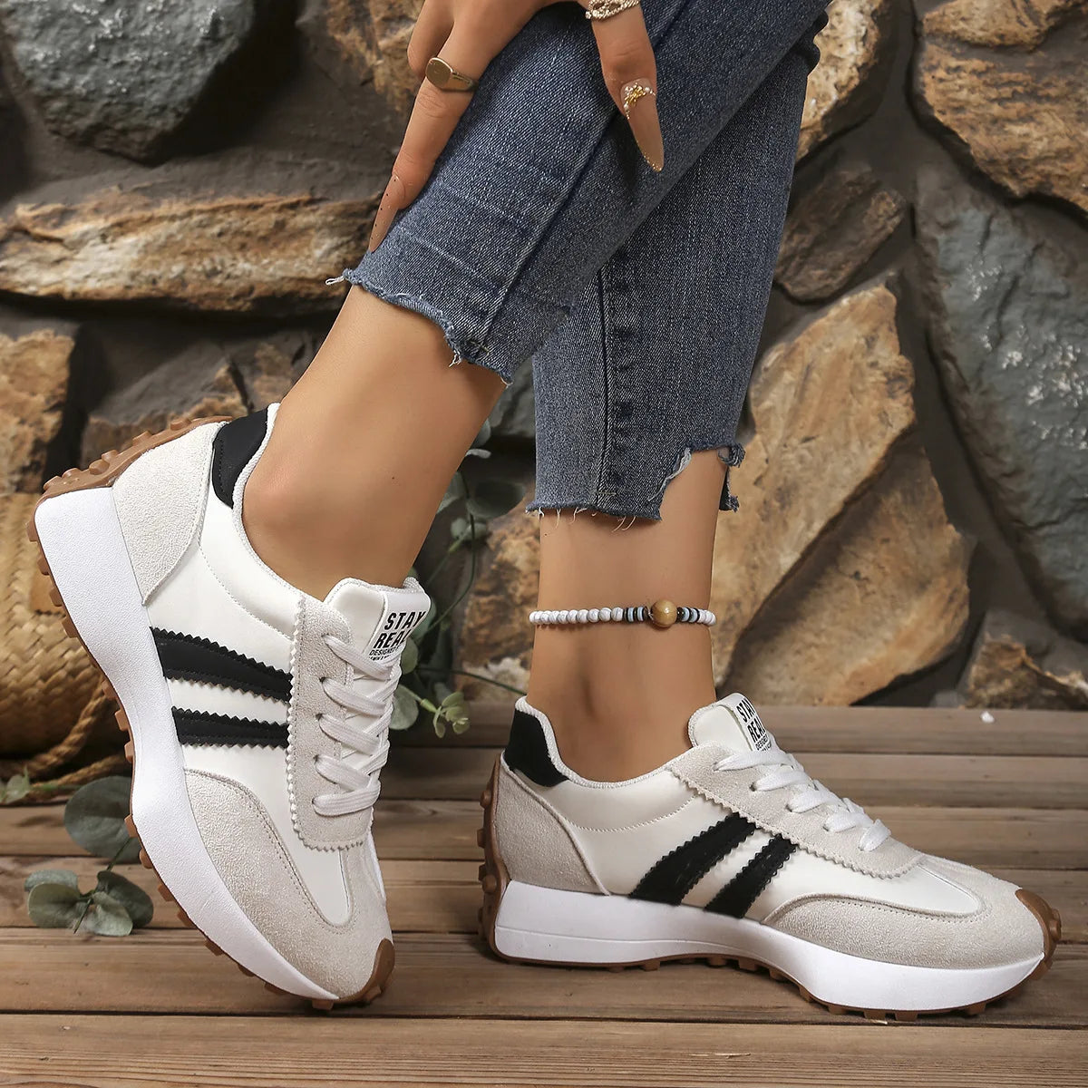 Multi Color Women Retro 3 Stripes Suede Lace Up Sneakers/Low Top Lightweight Breathable Walking Trainers Non Slip Comfortable Shoes