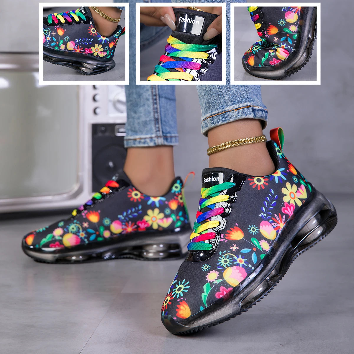 Women Floral Print Air Cushion Sneakers Colorful Rainbow Laces/Breathable Lightweight Shock Absorb Non Slip Lace Up Running Shoes