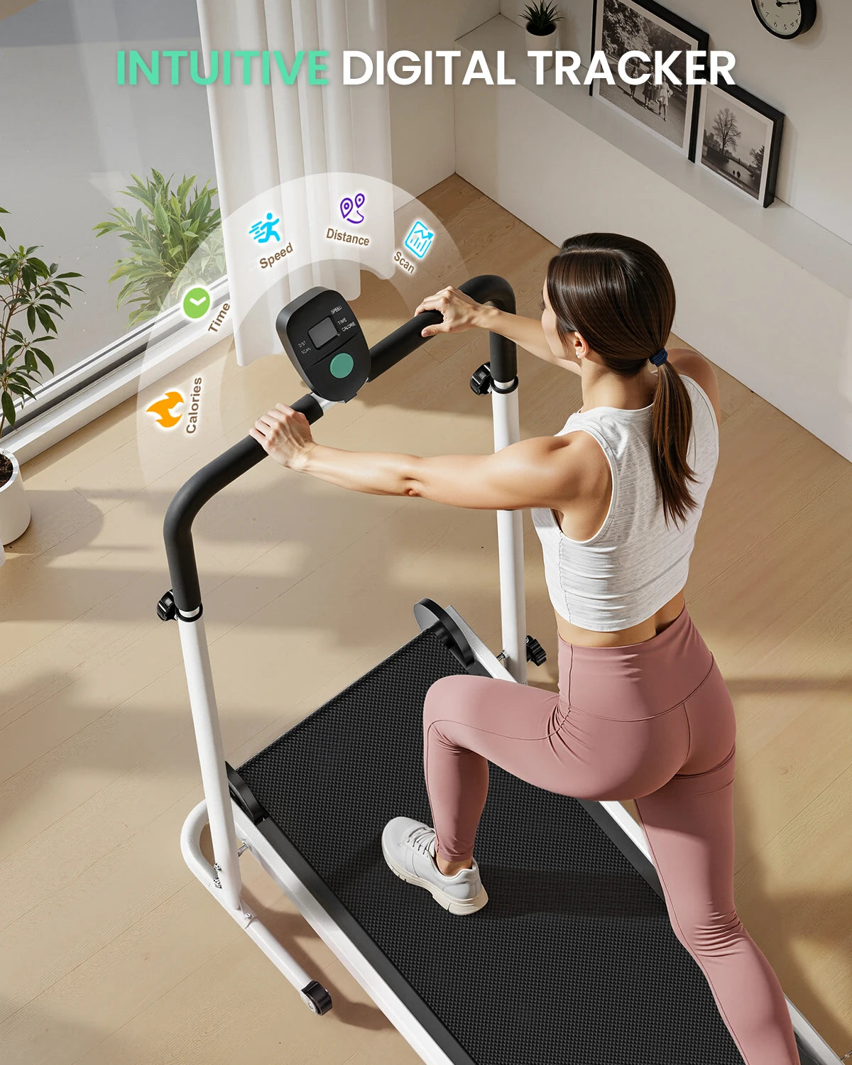 AKLUER Foldable Compact Non-Electric Treadmill/Dual Flywheel & Fixed Incline LCD Monitor, Non-Slip Belt, Soft Foam Grips for Home Gym