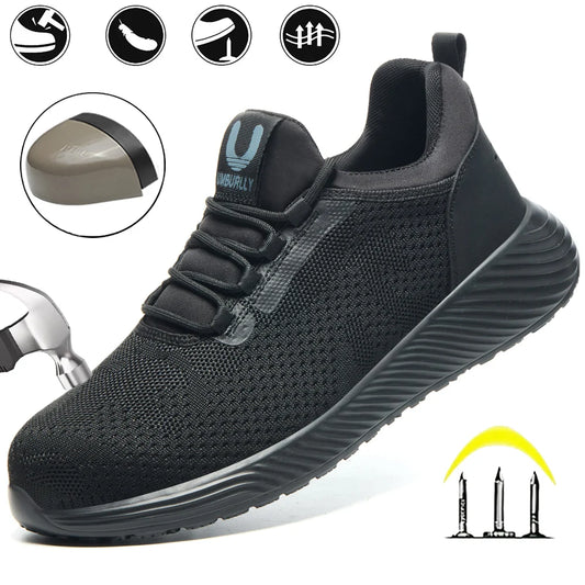 Men's Safety Shoes Anti Crush Steel Toe Lightweight Breathable Pure Black/Classic Work Shoes Suitable for Multiple Use