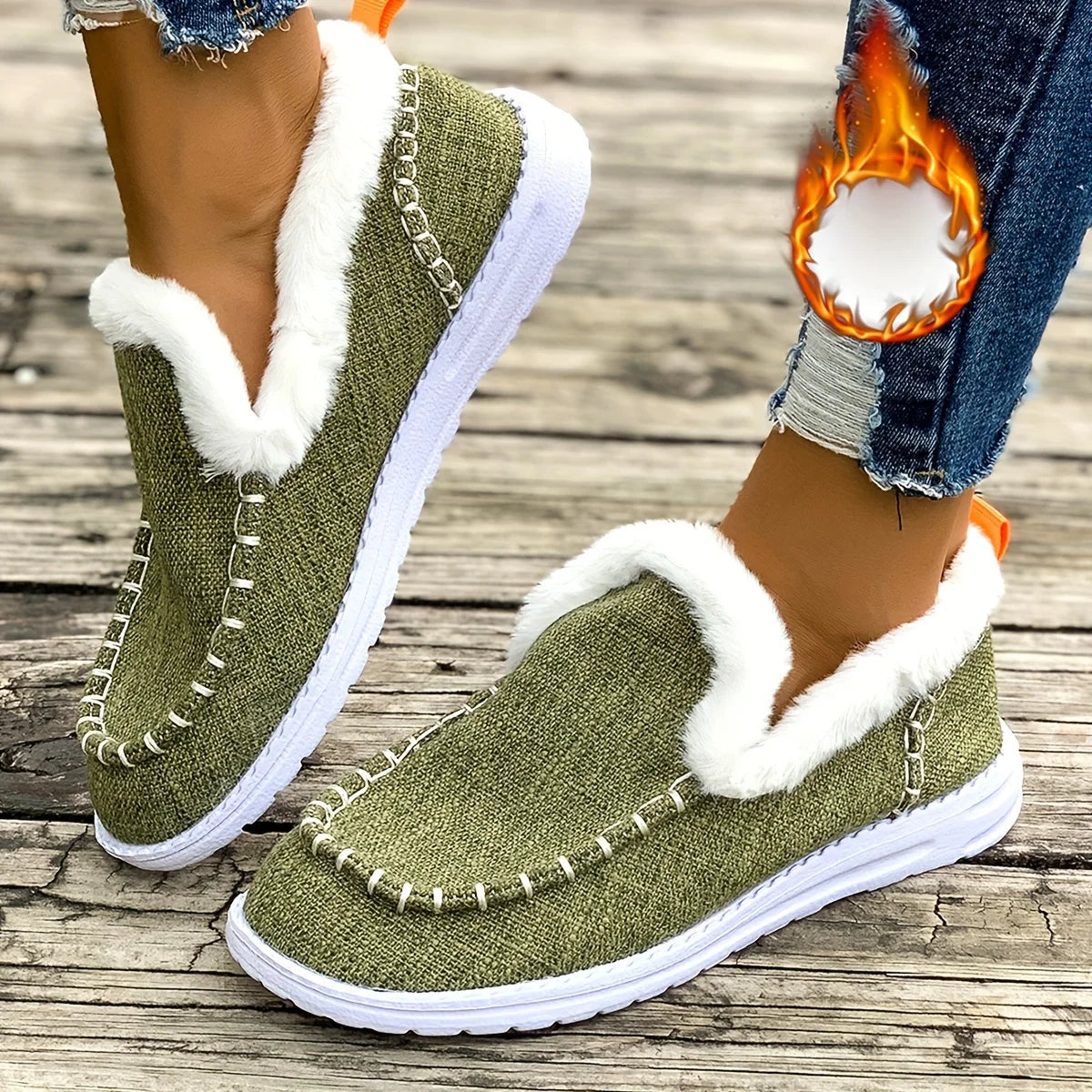 Women Winter Denim Fabric Fuzzy Fleece Lined Loafers Slip On/Warm Moccasin Shoes Non Slip Wear-resistant Soft Sole