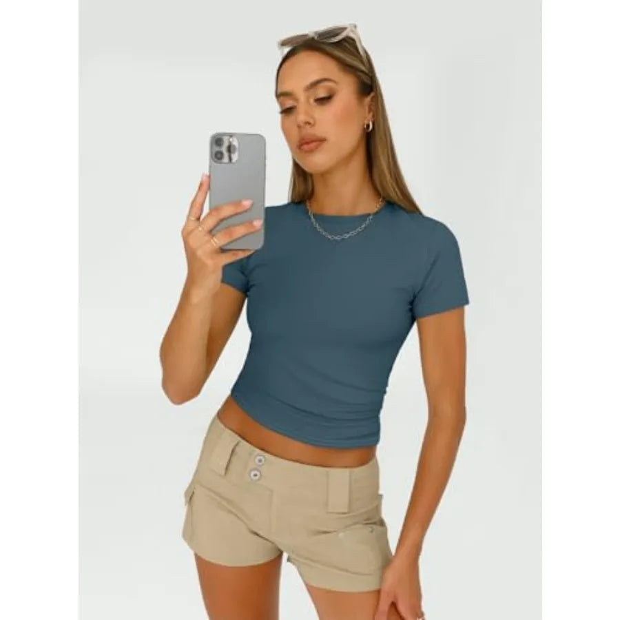 Women's 3 Pcs Short Sleeve Shirts Basic Going Out/Slim Fitted Crop Tops 2026 Summer Y2k Spring Clothes