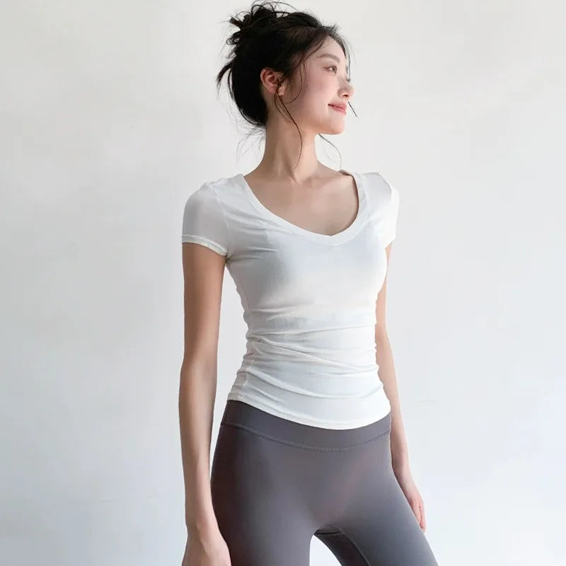 Yoga t-shirt top summer thin breathable waist tight and thin/inside solid color sports running fitness short sleeves
