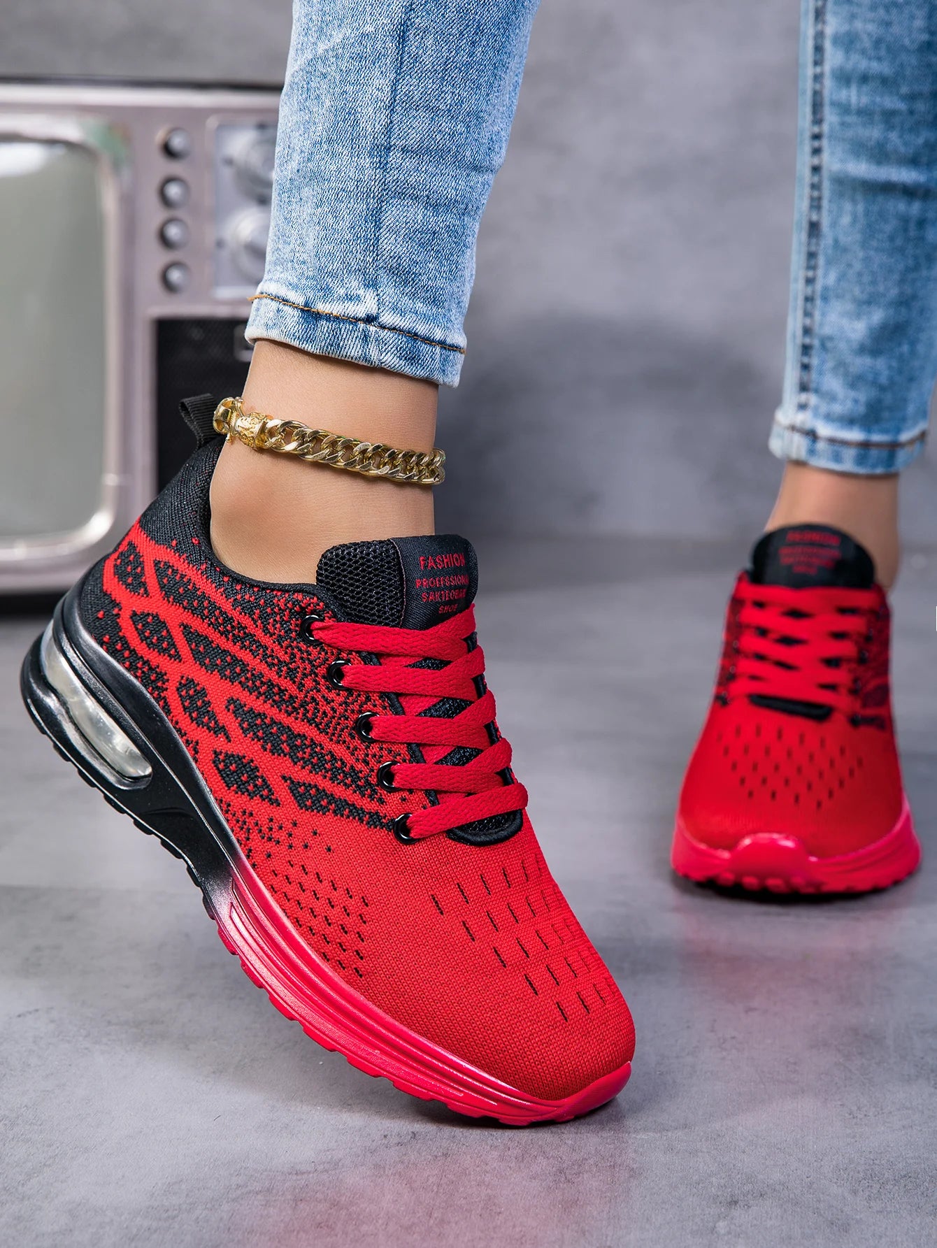 Women Air Cushion Running Sneakers Breathable Knit Mesh Shock Absorbing/Non Slip Lightweight Lace Up Sports Shoes Outdoor Walking Shoes