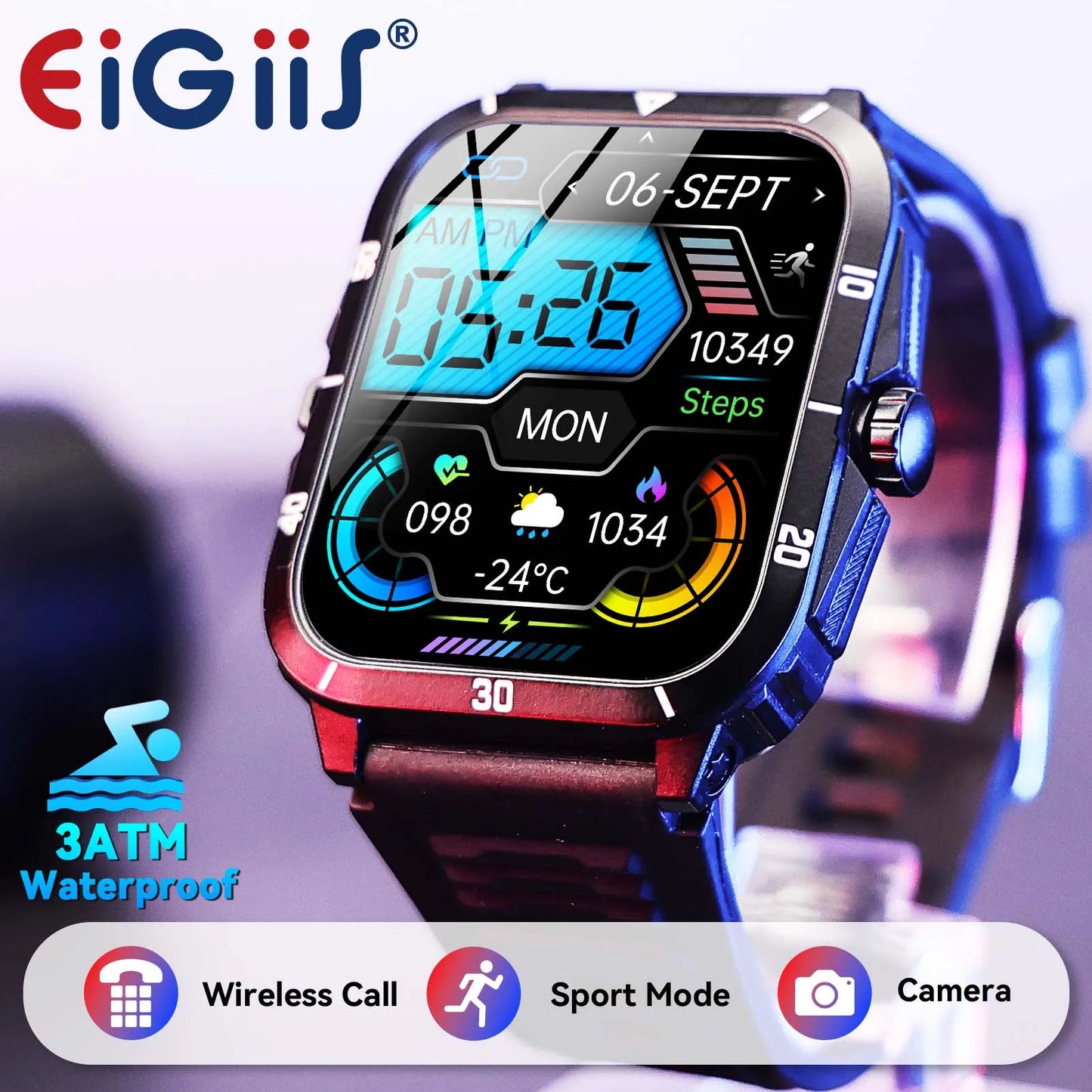 EIGIIS Smart Watch Waterproof 1.96" IPS Screen/Men 100+ Sport Mode Heart Rate Blood Pressure Bluetooth Call