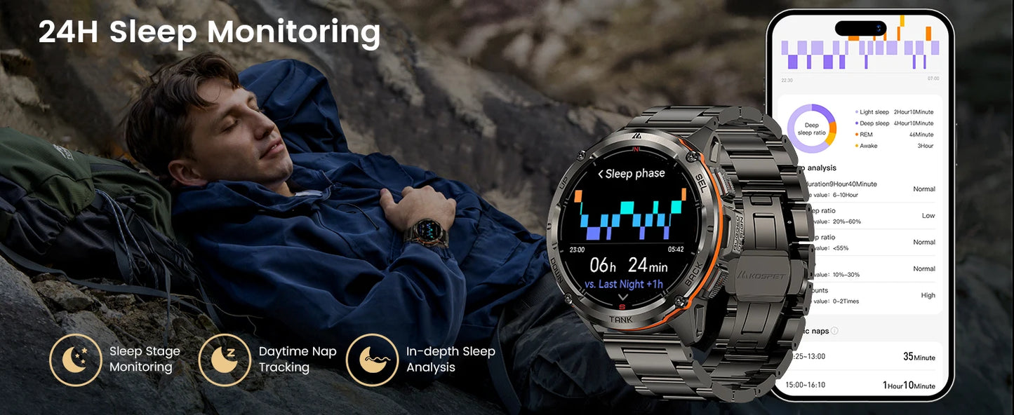 KOSPET TANK T3 Ultra GPS Smart Watch For Men Altimeter Compass/Barometric 470mAh 60 Days Battery Bluetooth Call IP69K Waterproof